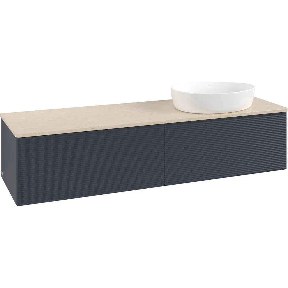 V&B ANTAO SERVANTSKAP 2 SKUFFER RILLET 1600X360X500 HØYRE U/KRANHULL BLÅ/CRÉME v:8957306