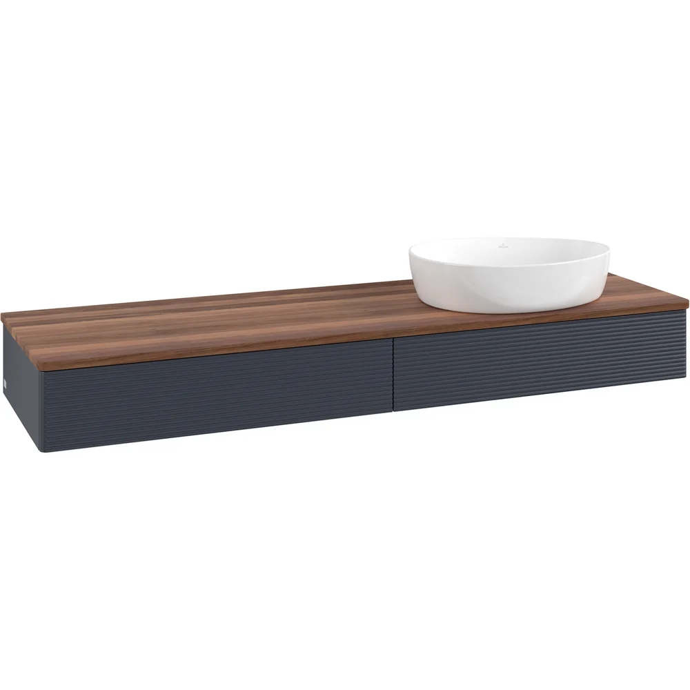 V&B ANTAO SERVANTSKAP 2 SKUFFER RILLET 1600X190X500 HØYRE U/KRANHULL M/LYS BLÅ/VALNØTT v:6270745