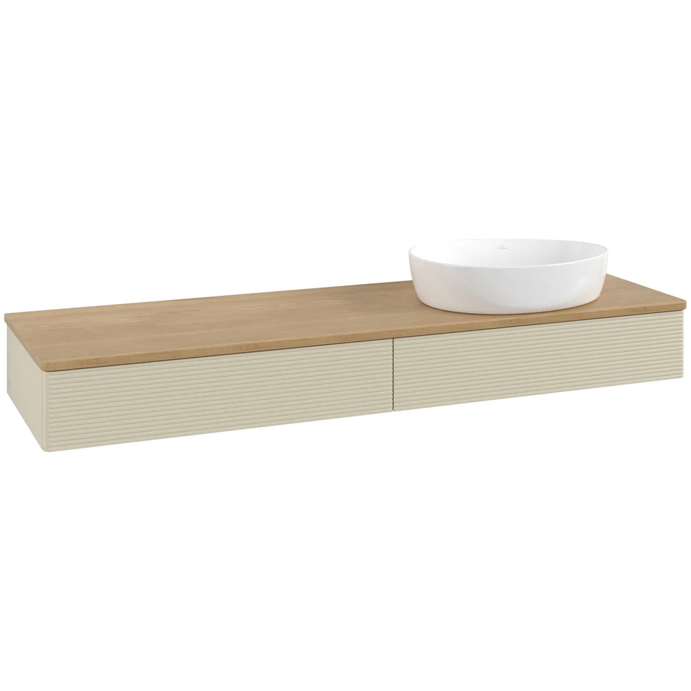 V&B ANTAO SERVANTSKAP 2 SKUFFER RILLET 1600X190X500 HØYRE U/KRANHULL SILKEGRÅ/EIK v:6993070